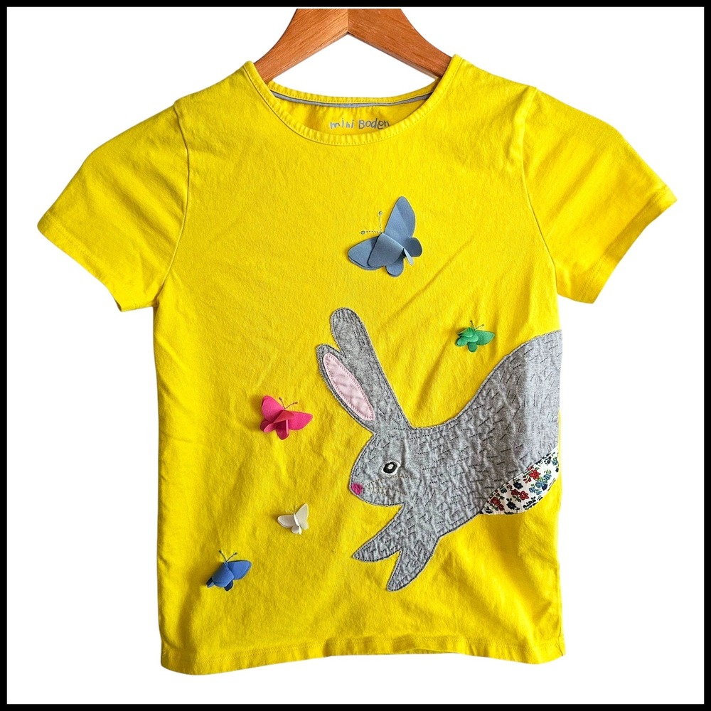Mini Boden Applique T-Shirt Bunny Rabbit Butterflies‎ Yellow Top Size 9 10 Years